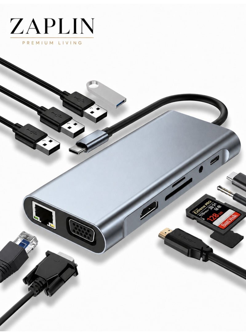 زابلين  USB C HUB USB C Adapter 11 in 1 Dongle with 4K HDMI VGA Type C PD USB3.0 RJ45 Ethernet SD/TF Card Reader 3.5mm AUX Docking Station Compatible with MacBook Pro/Air Other Type C Laptops Devices - Image 1