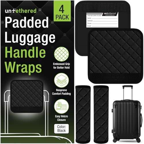 Untethered Luggage Handle Wraps (4-Pack) | Padded Suitcase Handle Covers with Diamond-Grip Design – Comfortable Neoprene Travel Handle Wraps for Luggage, Bags & Suitcases. (4-Pack | Black) - Image 1