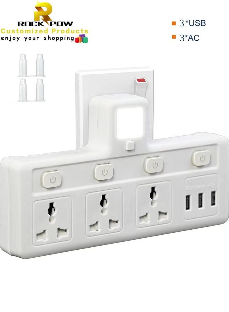 Multi Plug Extension Socket with 3 USB Extender Wall with 3 Outlets and an Electrical Power Extender Outlet Adaptor for Home Office and Kitchen