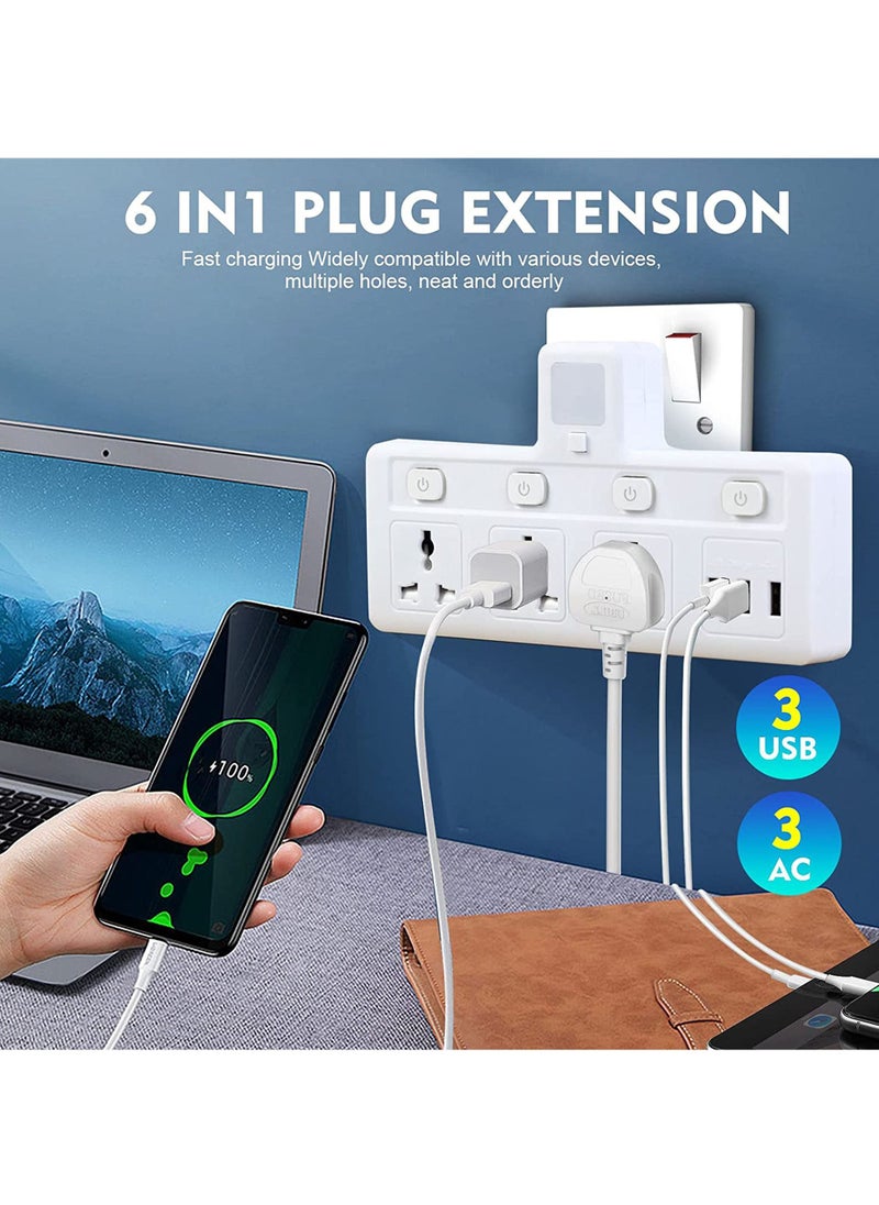 Rock Pow - Multi Plug Extension Socket with 3 USB Extender Wall with 3 Outlets and an Electrical Power Extender Outlet Adaptor for Home Office and Kitchen - Image 1