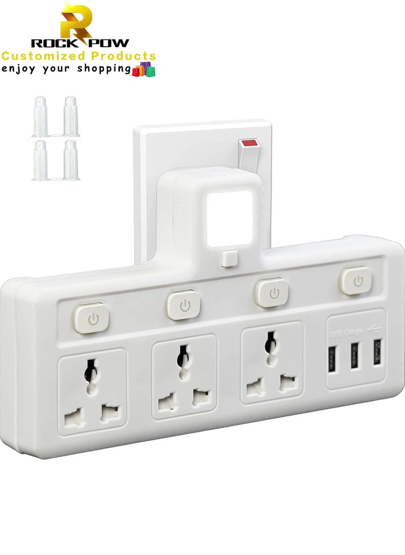 Rock Pow - Multi Plug Extension Socket with 3 USB Extender Wall with 3 Outlets and an Electrical Power Extender Outlet Adaptor for Home Office and Kitchen - Image 1