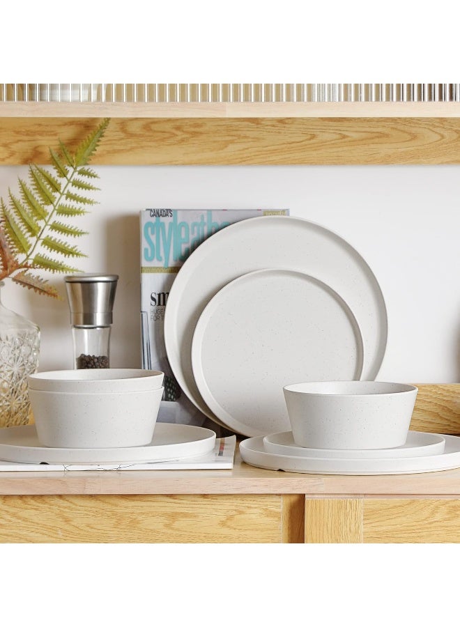 FINE&NICE FINENICE 12PCS Melamine Dinnerware Sets Outdoor Dinnerware Sets for 4 Durable Camper Dinnerware Lightweight Dishwasher Safe and BPA Free Spotty White  - Image 1