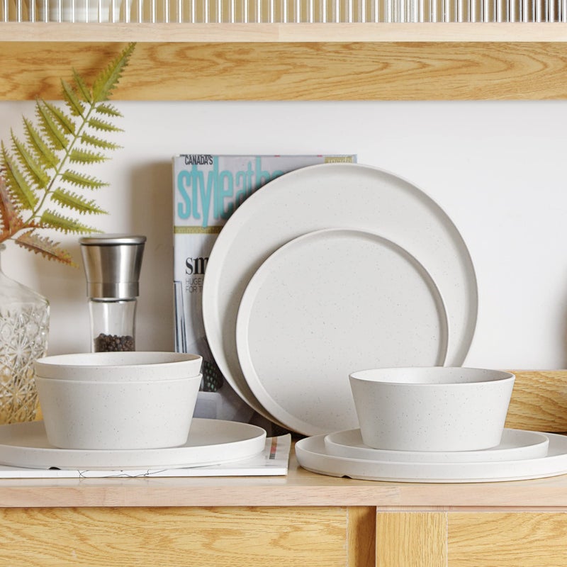FINE&NICE FINENICE 12PCS Melamine Dinnerware Sets Outdoor Dinnerware Sets for 4Durable Camper DinerwareLightweight Dishwasher Safe and BPA FreeSpotty White - Image 1