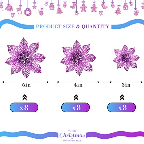 Boao Purple 24 Pieces Poinsettia Flower Christmas Glitter Artificial Poinsettia with Clips Christmas Tree Ornament Decorations for DIY Xmas Wreath Holiday Home Party Decor 346 Inches - Image 3