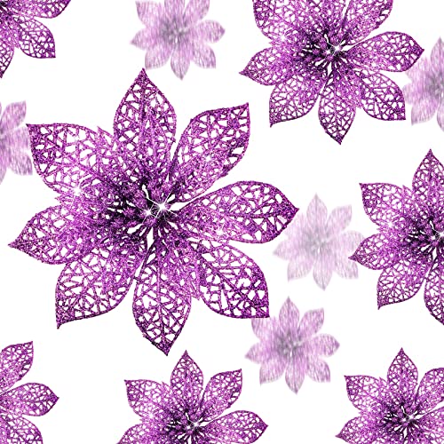 Boao Purple 24 Pieces Poinsettia Flower Christmas Glitter Artificial Poinsettia with Clips Christmas Tree Ornament Decorations for DIY Xmas Wreath Holiday Home Party Decor 346 Inches - Image 1