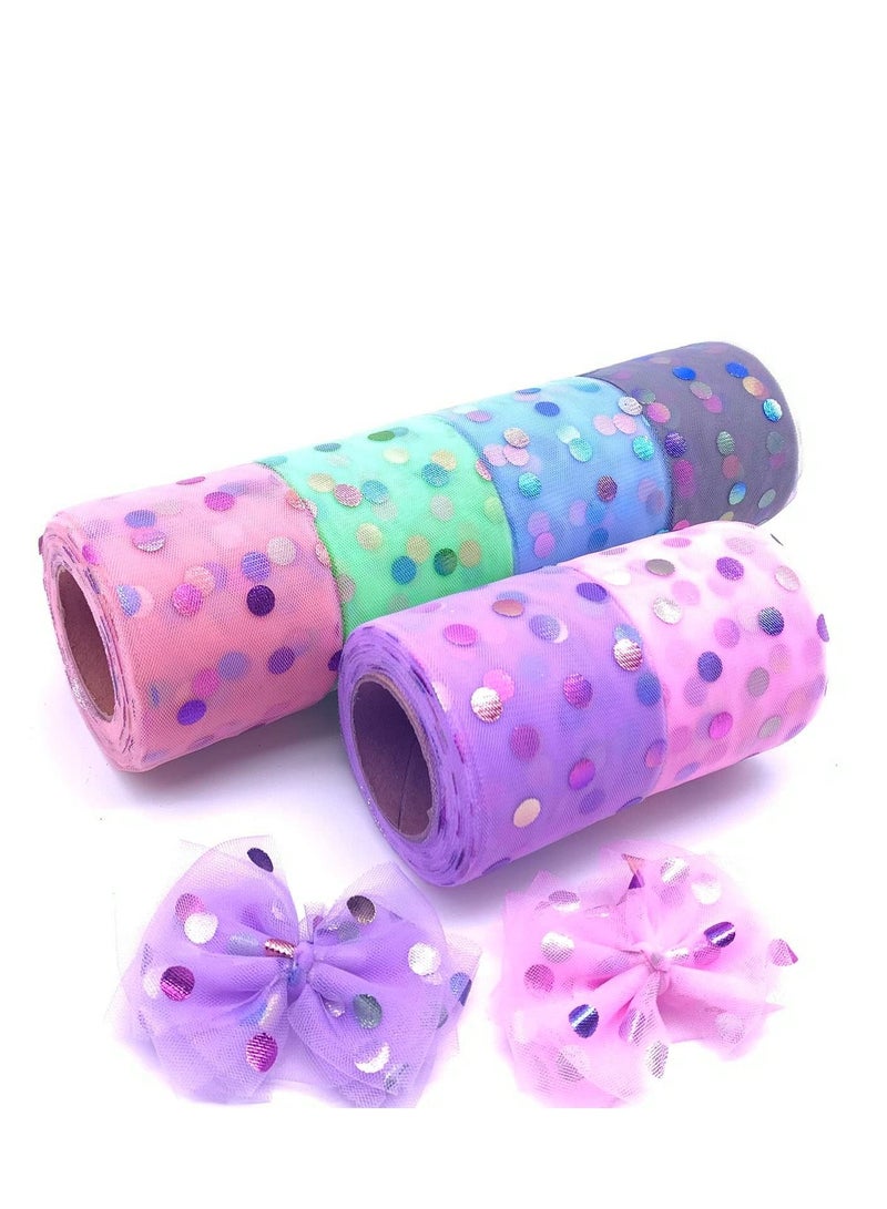 Tulle Fabric Ribbon 6 Rolls 2.4" Wide X 25 Yards Colorful Dot Soft Chiffon Tulle Sheer Ribbon for DIY Craft Bouquet Gift Bow Wrapping Holiday Wedding Decoration - Image 1
