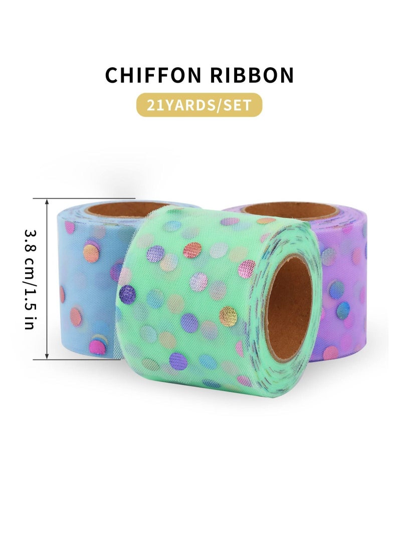Tulle Fabric Ribbon 6 Rolls 2.4" Wide X 25 Yards Colorful Dot Soft Chiffon Tulle Sheer Ribbon for DIY Craft Bouquet Gift Bow Wrapping Holiday Wedding Decoration - Image 3