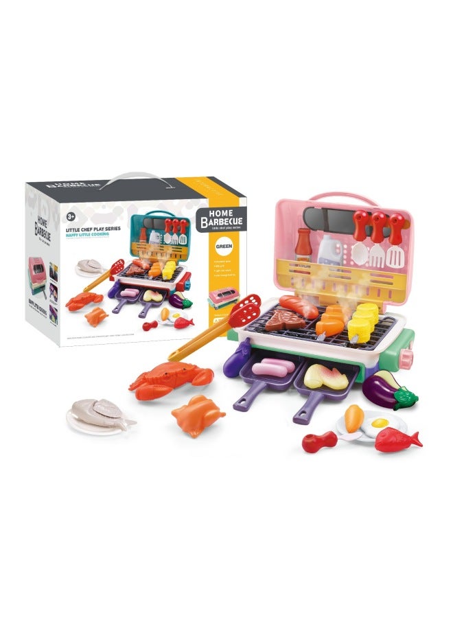 Electric Simulated Spray Barbecue Grill Light Music Food Coloring Children's Play House Toy Kitchen Cooking Toy-Color:Spray Color-changing Barbecue Oven Pink English - Image 1