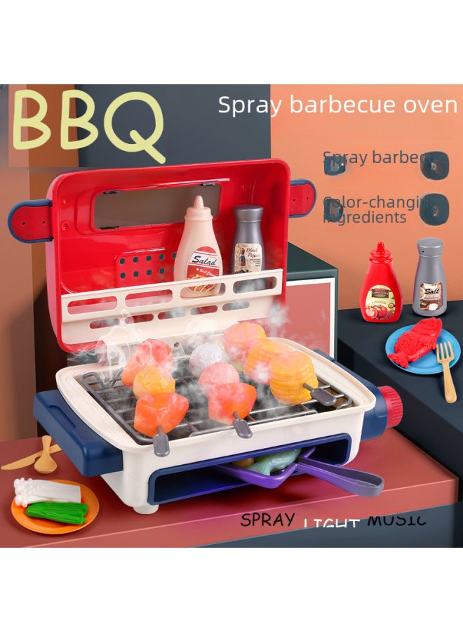 Electric Simulated Spray Barbecue Grill Light Music Food Coloring Children's Play House Toy Kitchen Cooking Toy-Color:Spray Color-changing Barbecue Oven Pink English - Image 2
