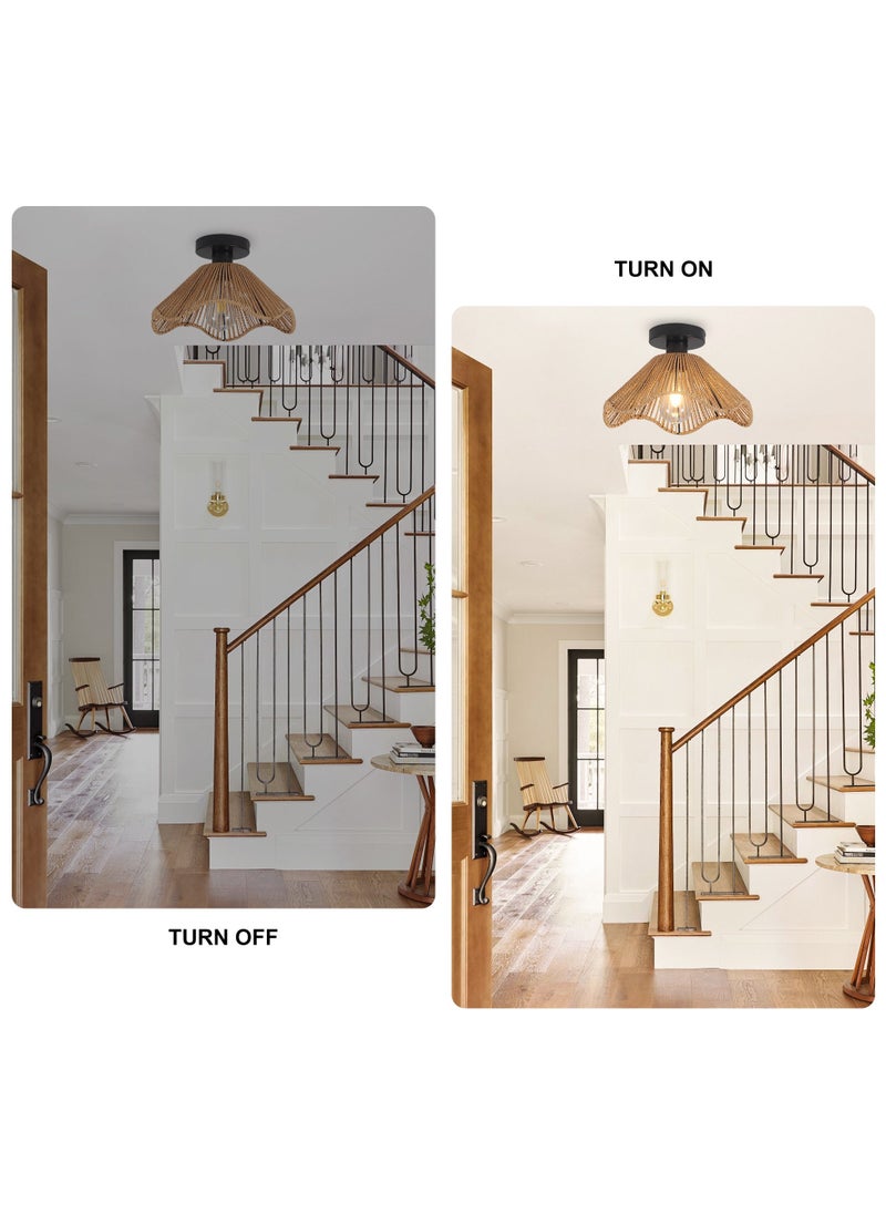 Boho Rattan Ceiling Light, 30.5cm Vintage Rattan Ceiling Lamp Fixture with Handwoven Shade, E27 60W Chandelier for Dining Room, Bedroom, Hallway  - Image 4