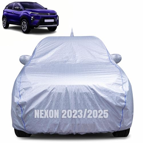 CABIUS 100% Waterproof Car Body Cover for Tata Nexon (2023-2025) with Mirror Pocket, Heat & UV Resistant, Triple Stitched, Soft Lining, Bottom Elastic & Piping (Silver Reflective) - Image 1