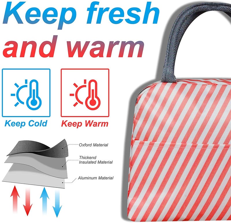 House of Quirk Insulated Lunch Bags Small for Women Work,Student Kids to School,Thermal Cooler Tote Bag Picnic Organizer Storage Lunch Box Portable and Reusable (Pink Stripes, Oxford Fabric) - Image 4