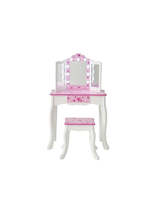 Teamson Kids Teamson Kids Little Princess Gisele Sweethearts Print Kids Vanity Set with Matching Stool, Tri-fold Mirror with Glamour LED Lights + Storage Drawer For 3yr and up, Pretend Play House, Salon White/Pink  - Image 1