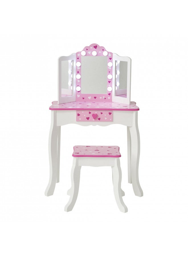 Teamson Kids Teamson Kids Little Princess Gisele Sweethearts Print Kids Vanity Set with Matching Stool, Tri-fold Mirror with Glamour LED Lights + Storage Drawer For 3yr and up, Pretend Play House, Salon White/Pink  - Image 2
