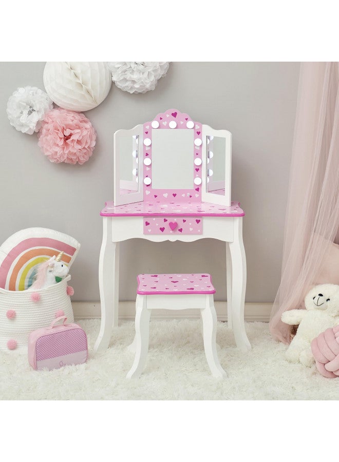 Teamson Kids Teamson Kids Little Princess Gisele Sweethearts Print Kids Vanity Set with Matching Stool, Tri-fold Mirror with Glamour LED Lights + Storage Drawer For 3yr and up, Pretend Play House, Salon White/Pink  - Image 3