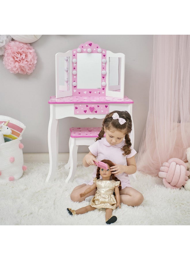 Teamson Kids Teamson Kids Little Princess Gisele Sweethearts Print Kids Vanity Set with Matching Stool, Tri-fold Mirror with Glamour LED Lights + Storage Drawer For 3yr and up, Pretend Play House, Salon White/Pink  - Image 4