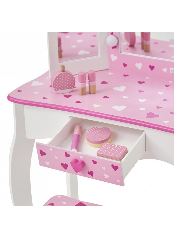 Teamson Kids Teamson Kids Little Princess Gisele Sweethearts Print Kids Vanity Set with Matching Stool, Tri-fold Mirror with Glamour LED Lights + Storage Drawer For 3yr and up, Pretend Play House, Salon White/Pink  - Image 5