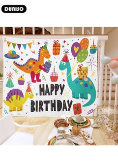 DUNISO Dinosaur Birthday Banner for Kids, Dinosaur Happy Birthday Photography Background, Watercolor Cartoon Dinosaur Birthday Party Backdrop Tapestry, Foldable Dinosaur Theme Background Cloth for Birthday Party Decoration Supplies  - Image 5