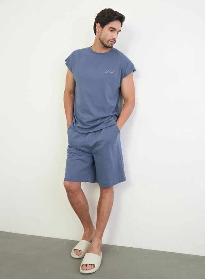 Styli Men Blue Embroidered Detail Cap Sleeve Vest and Shorts Set