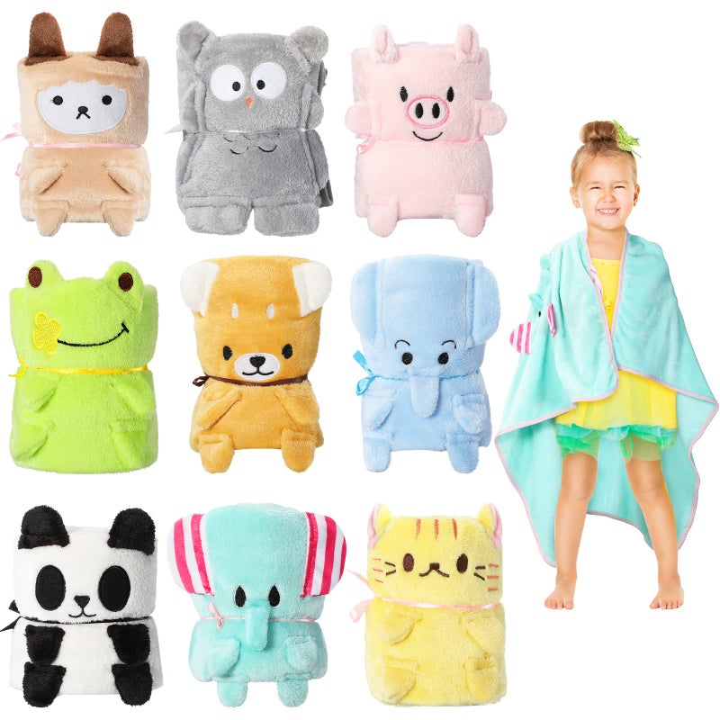 9 Pack Kids Travel Blanket for Airplanes Daycare Nap Blankets in Bulk Small Cute Animals Lightweight Fleece Throw Blanket for Kids Birthday Party Favors
