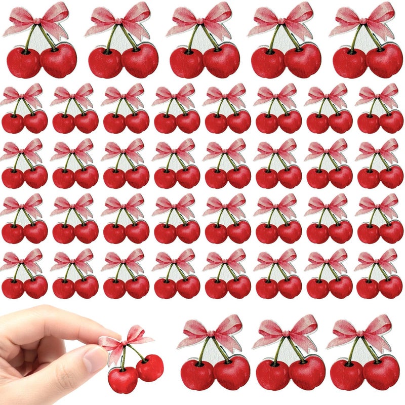 OceanCamel 60 Pieces Mini Wooden Cherry Bow Cutouts, Small Cute Red Fruit Wood Embellishments, Approx 0.8 Inch Tiny Painted Wooden Decor for Valentine's Day, DIY Crafting, Scrapbooking - Image 1