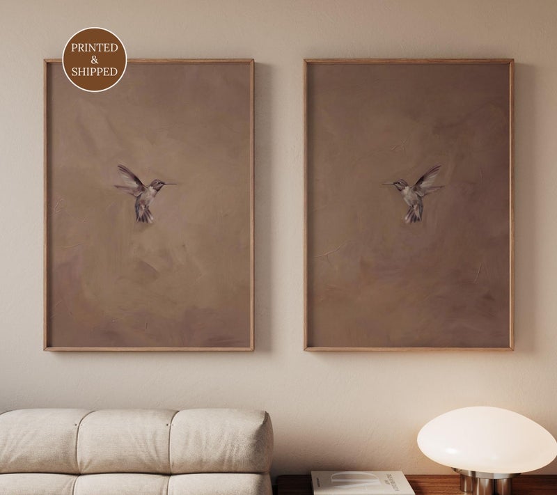 TNESSENTIAL Set of 2 Wabi Sabi Hummingbird Prints, Brown Japandi Bird Wall Art, Framed Luxurious Posters for Bedroom, Above Bed Art - Image 1