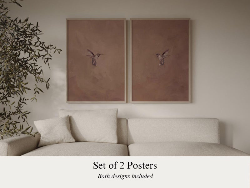 TNESSENTIAL Set of 2 Wabi Sabi Hummingbird Prints, Brown Japandi Bird Wall Art, Framed Luxurious Posters for Bedroom, Above Bed Art - Image 2