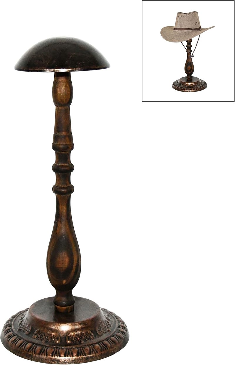 Owlgift Tabletop Hat Stand Vintage Style Dome Shaped Bronze Metal  Rustic Brown Wood Stem Hat RackRig Holder Display - Image 1