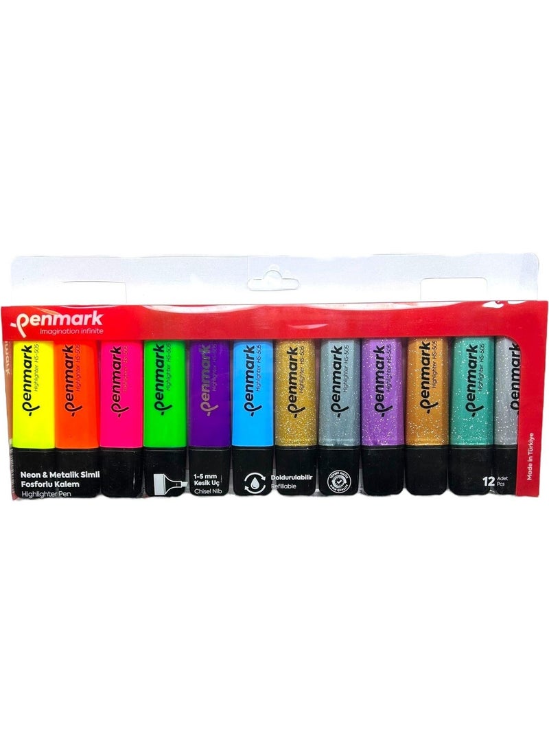 PENMARK - Highlighter Pen 12 Pack Acetate Mixed Color 6 Neon + 6 Glitter 8683181701854 HS-505-12NS 709693 - Image 1