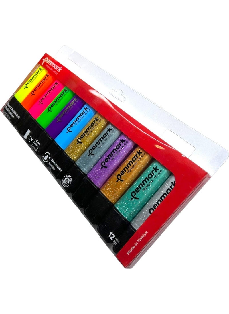PENMARK - Highlighter Pen 12 Pack Acetate Mixed Color 6 Neon + 6 Glitter 8683181701854 HS-505-12NS 709693 - Image 1