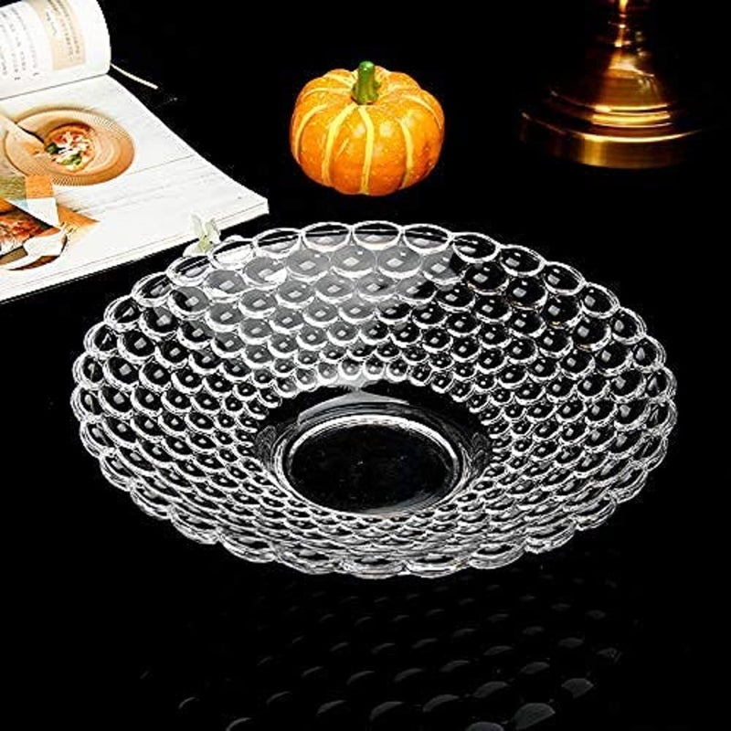 BRUSHFINCH Beautiful Crystal Clear Bubble Round Shape Glass Tray Plate for Serving Dry Fruits Fruits Snacks Sweets Chocolates for Home Decoration Living Room Transparent - Image 1