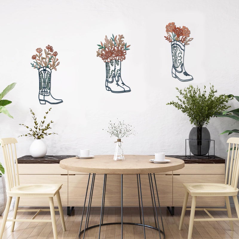 Otoolling 3 Pcs Metal Cowboy Flowers Wall Arts Vintage Western Wall Decor for Living Room Bathroom Bedroom Dining Room Housewarming Gifts(Cowboy Boots,Turquoise) - Image 3