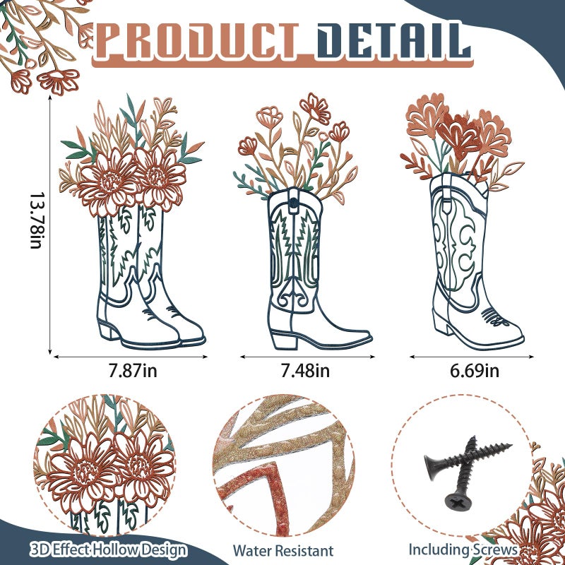 Otoolling 3 Pcs Metal Cowboy Flowers Wall Arts Vintage Western Wall Decor for Living Room Bathroom Bedroom Dining Room Housewarming Gifts(Cowboy Boots,Turquoise) - Image 2