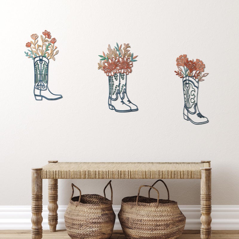 Otoolling 3 Pcs Metal Cowboy Flowers Wall Arts Vintage Western Wall Decor for Living Room Bathroom Bedroom Dining Room Housewarming Gifts(Cowboy Boots,Turquoise) - Image 4