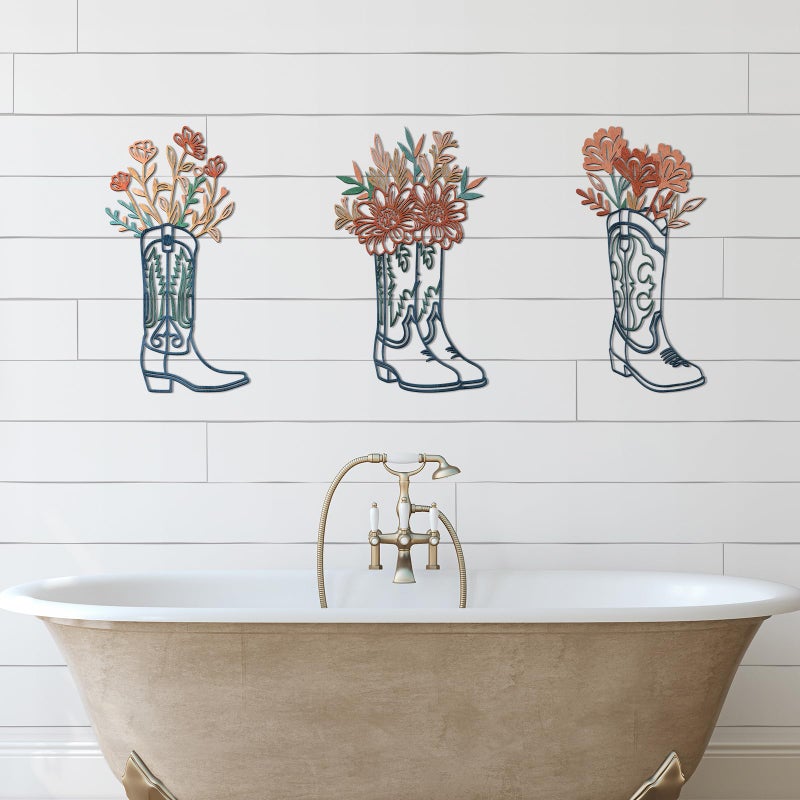 Otoolling 3 Pcs Metal Cowboy Flowers Wall Arts Vintage Western Wall Decor for Living Room Bathroom Bedroom Dining Room Housewarming Gifts(Cowboy Boots,Turquoise) - Image 5