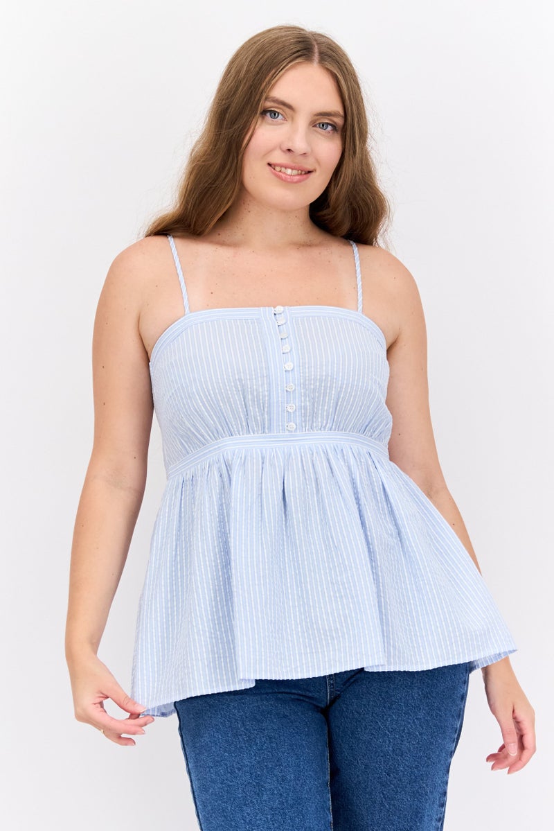 ESPRIT Women Square Neck Sleeveless Stripe Top, Blue - Image 1