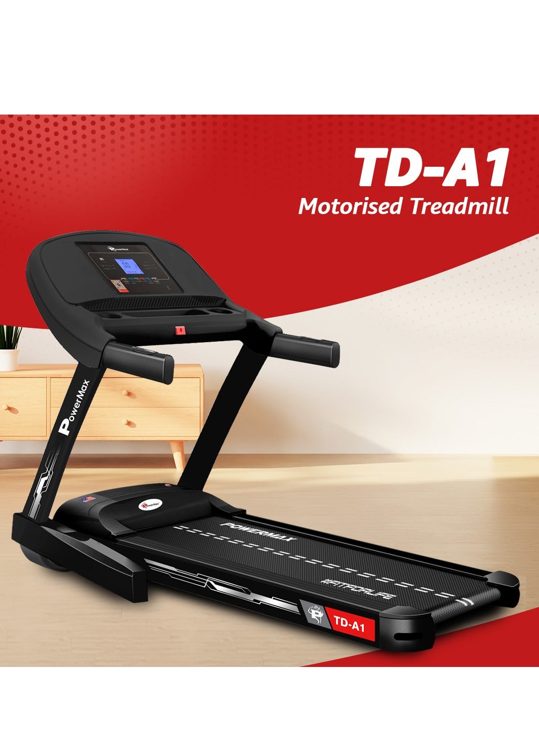 PowerMax Fitness TD-A1 6HP Motorised Foldable Treadmill for Home User Wt. 120kg, 15 Lvl Auto-Incline Running Machine for Max Pro workout, Top Speed 14 km/ph, Speaker, Aux, LCD Disp., Bluetooth