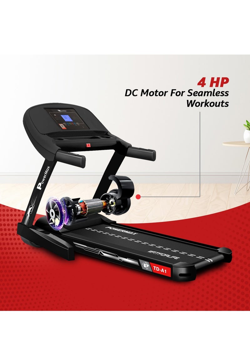 PowerMax Fitness TD-A1 6HP Motorised Foldable Treadmill for Home User Wt. 120kg, 15 Lvl Auto-Incline Running Machine for Max Pro workout, Top Speed 14 km/ph, Speaker, Aux, LCD Disp., Bluetooth - Image 2