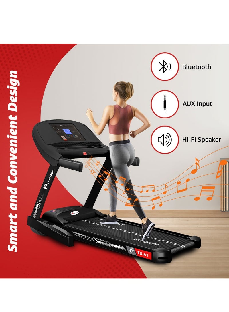 PowerMax Fitness TD-A1 6HP Motorised Foldable Treadmill for Home User Wt. 120kg, 15 Lvl Auto-Incline Running Machine for Max Pro workout, Top Speed 14 km/ph, Speaker, Aux, LCD Disp., Bluetooth - Image 5