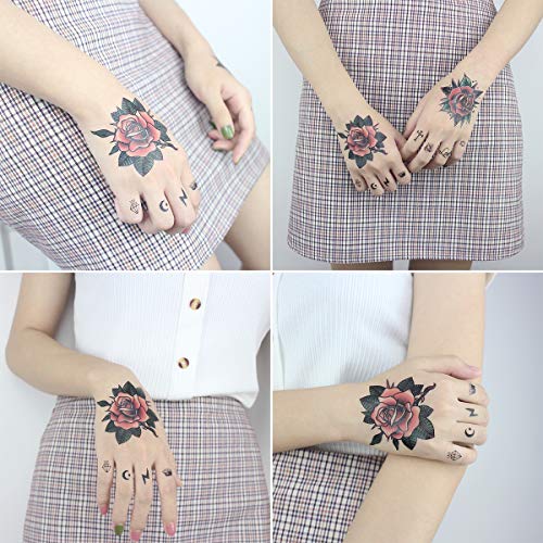 Oottati 9 Sheets Women Hand Back Red Rose Black Flower Sun Moon Butterfly Totem Temporary Tattoo Stickers - Image 4