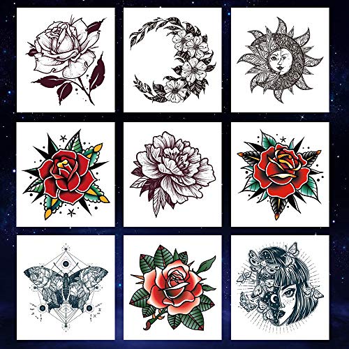 Oottati 9 Sheets Women Hand Back Red Rose Black Flower Sun Moon Butterfly Totem Temporary Tattoo Stickers - Image 5