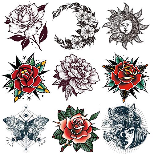 Oottati 9 Sheets Women Hand Back Red Rose Black Flower Sun Moon Butterfly Totem Temporary Tattoo Stickers - Image 1