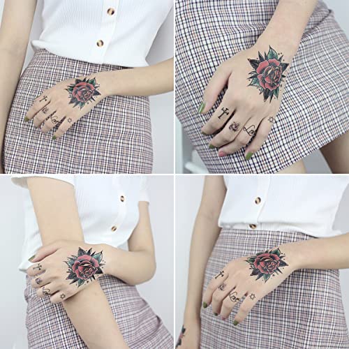 Oottati 9 Sheets Women Hand Back Red Rose Black Flower Sun Moon Butterfly Totem Temporary Tattoo Stickers - Image 2