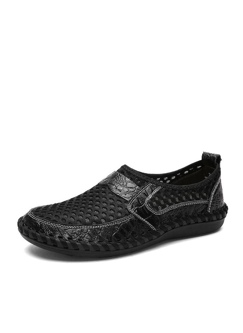 Loquat - Men's Mesh Leather Crocodile Pattern Mesh Shoes Casual Shoes Black - Image 1