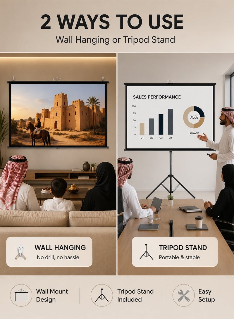 VEIDADZ 100 Inch Projector Screen with Stand 16:9, Portable Outdoor Projector Screen with Wall Hanging Option, Height Adjustable Tripod Stand, White PVC Movie Screen for 4K HD Home Theater Backyard Camping Office - Image 4