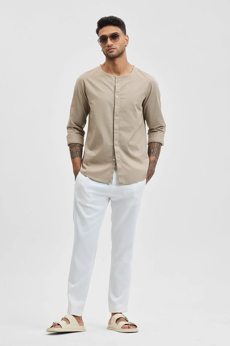 سنيتش Khaki Solid Long Sleeve Slim Fit Casual Shirt
