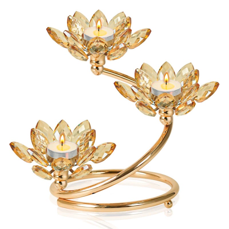 Kehail Gold 1 Pc Crystal Flower Shaped Candle Holder Set, 3-Arm Metal Votive Tea Light Candlestick for Table Centerpiece, Home Wedding Party Anniversary Decor - Image 1