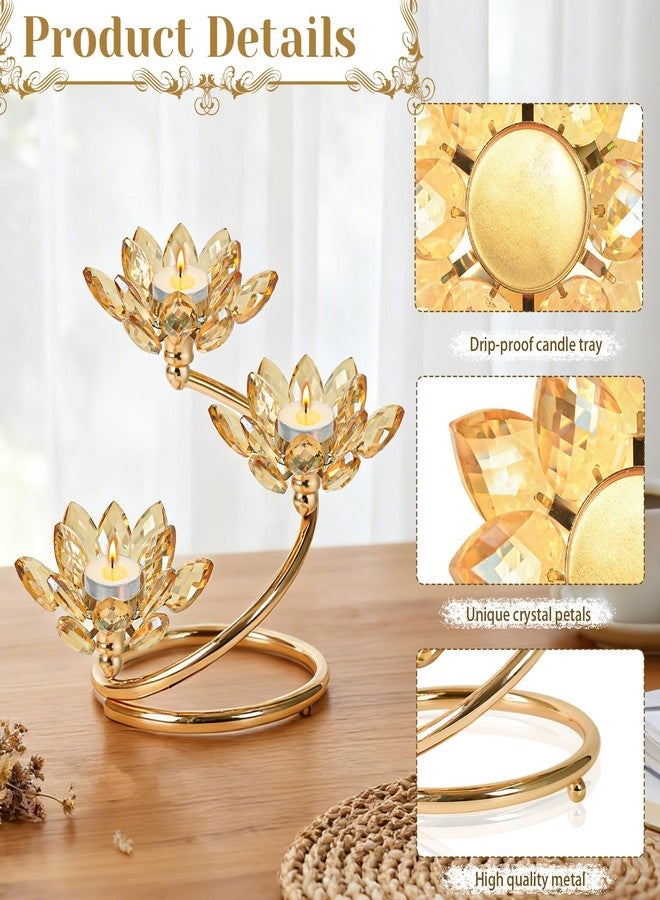 Kehail Gold 1 Pc Crystal Flower Shaped Candle Holder Set, 3-Arm Metal Votive Tea Light Candlestick for Table Centerpiece, Home Wedding Party Anniversary Decor - Image 3