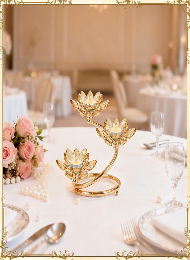 Kehail Gold 1 Pc Crystal Flower Shaped Candle Holder Set, 3-Arm Metal Votive Tea Light Candlestick for Table Centerpiece, Home Wedding Party Anniversary Decor - Image 5