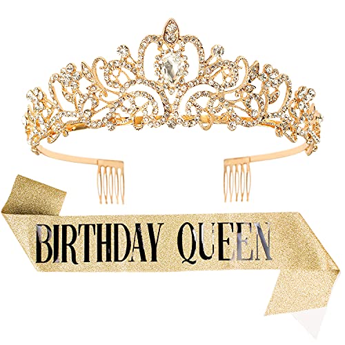 Velscrun Birthday Queen Tiaras Crown for Women Girls Princess Crowns for Women Queen Tiara for Mom Golden Yellow Rhinestones Birth Crown Headband Birth Sash 50th Birthday Prom Party Decorations - Image 1